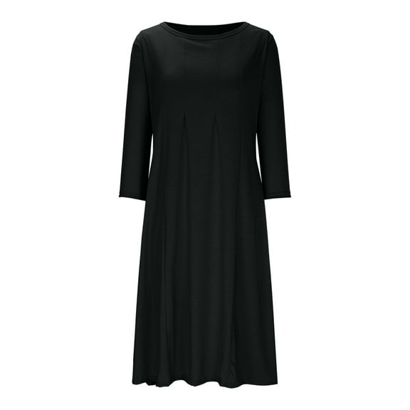 Hvot&aat Women's Slim Fit Pleated Long Dress Crew Neck 3/4 Sleeve A Line Flowy Dresses Solid Color Stretchy Versatile Dress