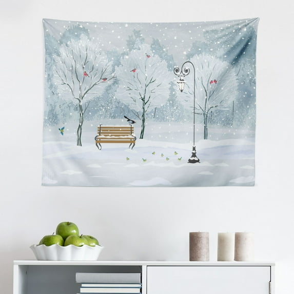 Nature Tapestry, Pastel Color Nature Picture Curvy Lines Seagulls Bench and Tree Silhouettes Park, Fabric Wall Hanging Decor for Bedroom Living Room Dorm, 2 Sizes, Orange Purple, by Ambesonne