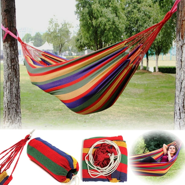Outdoor Colorful Stripe Canvas Hammock Swing Lying Recline Bed For Camping Hiking Picnic