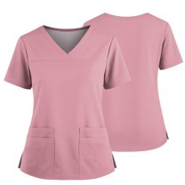 Women's Nursing Scrubs Work T-Shirt Soft Stretchy V-Neck Short Sleeve Uniform Top with Pocket & Side Slit for Medical Professionals Pink L