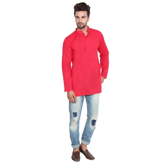Chemise Kurta Courte en Coton pour Homme Vêtements Inde (Rouge, TTTG)