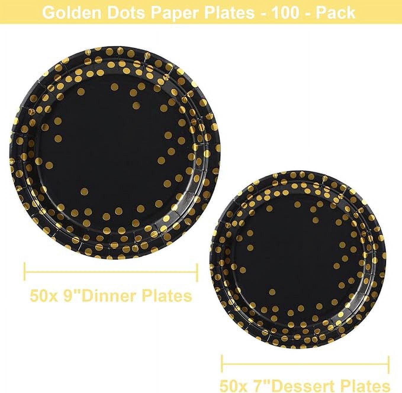 Zhuge Round Disposable Paper Plates for All Occasions - 100 Pack - 50 x 9" and 50 x 7" Dinner Plates, Golden Foil Polka Dots , Black and Gold Party Supplies