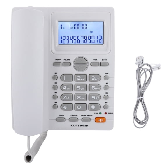 Teléfono con cable y extensión de dos puertos con pantalla de identificación de llamadas y altavoz (blanco)
