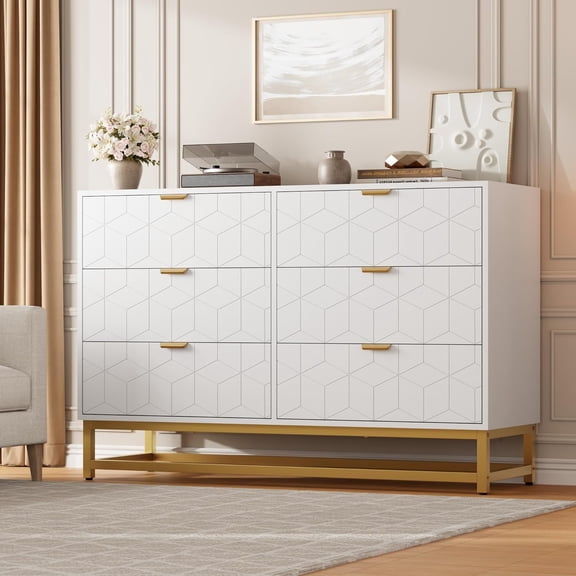 EastVita 47.2 inch Wide Modern 6 Drawer Dresser Wide Chest with Gold Metal Legs and Handles Wood Storage Organizer for Bedroom Living Room Hallway White