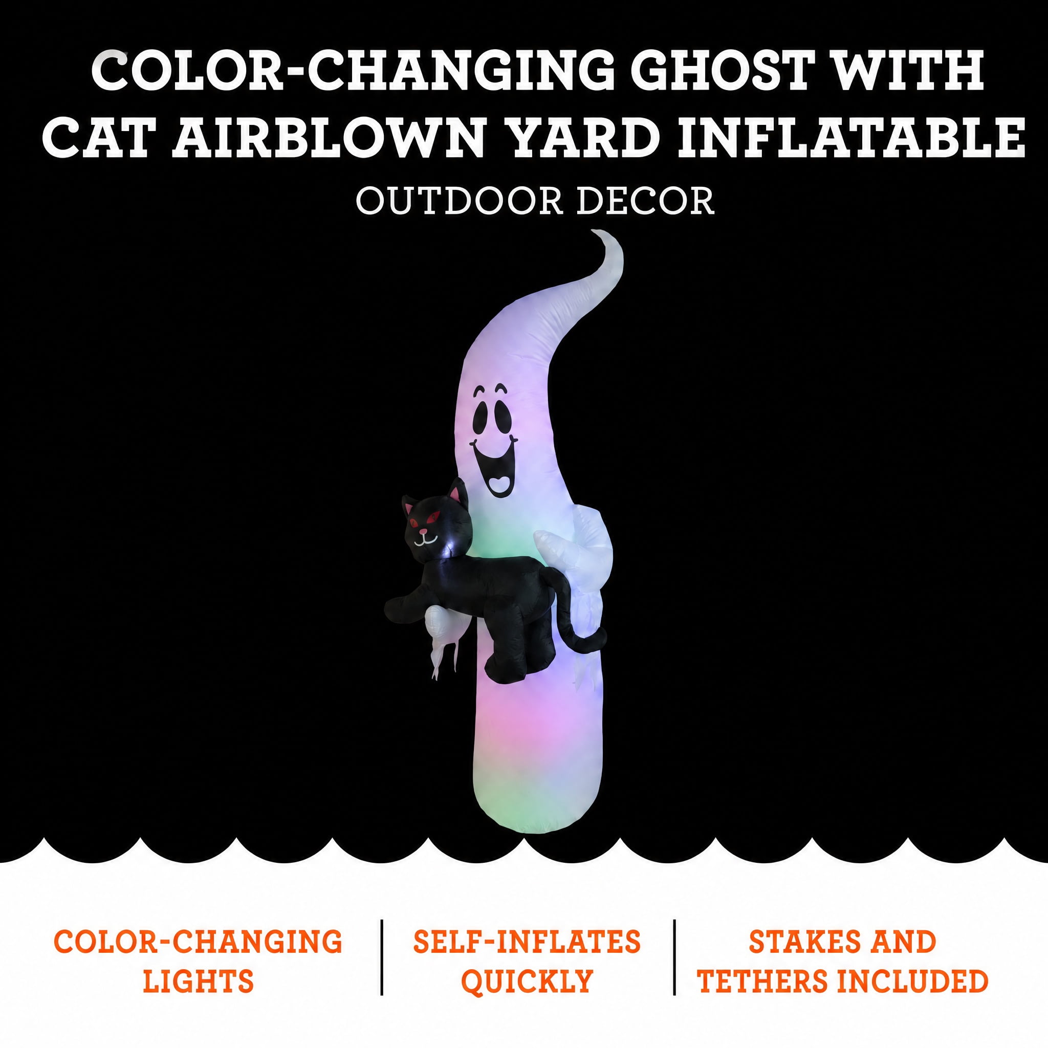 Color-Changing Ghost with Cat Airblown Yard Inflatable, Multicolor, 7', Halloween by Way To Celebrate