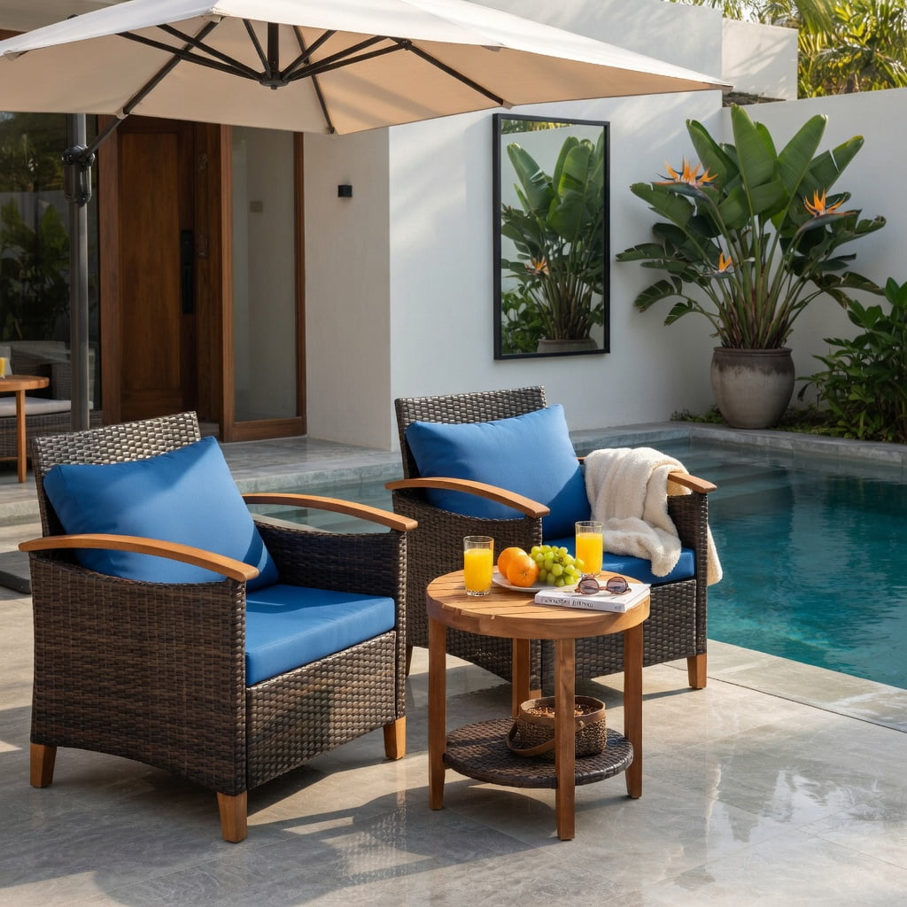 Hommoo 3-Piece Outdoor Rattan Patio Furniture Set with Washable Blue Cushions, Acacia Wood Coffee Table, Blue