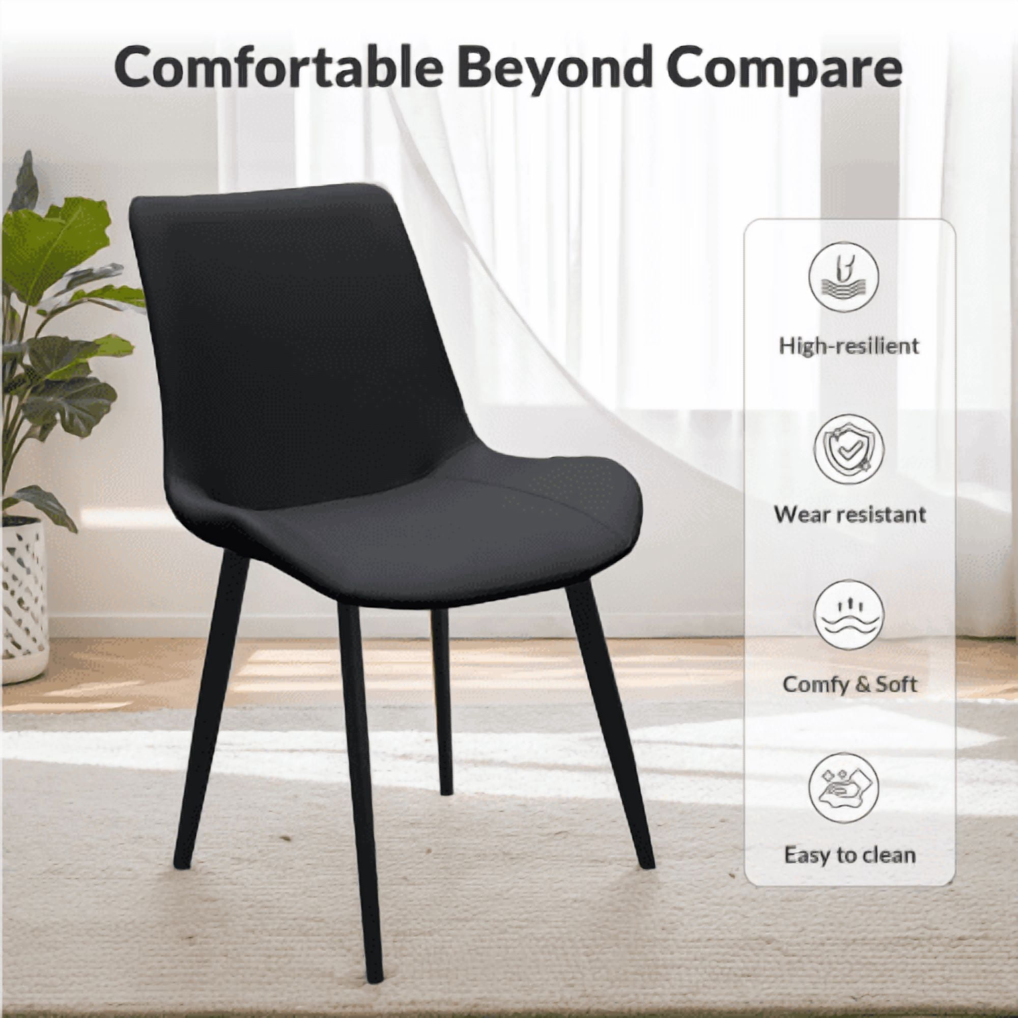 PU Leather Dining Chairs Set of 4, Modern Upholstered Kitchen Chairs with Metal Legs for Dining Room, Restaurant, Living Room, Meeting Room, Black