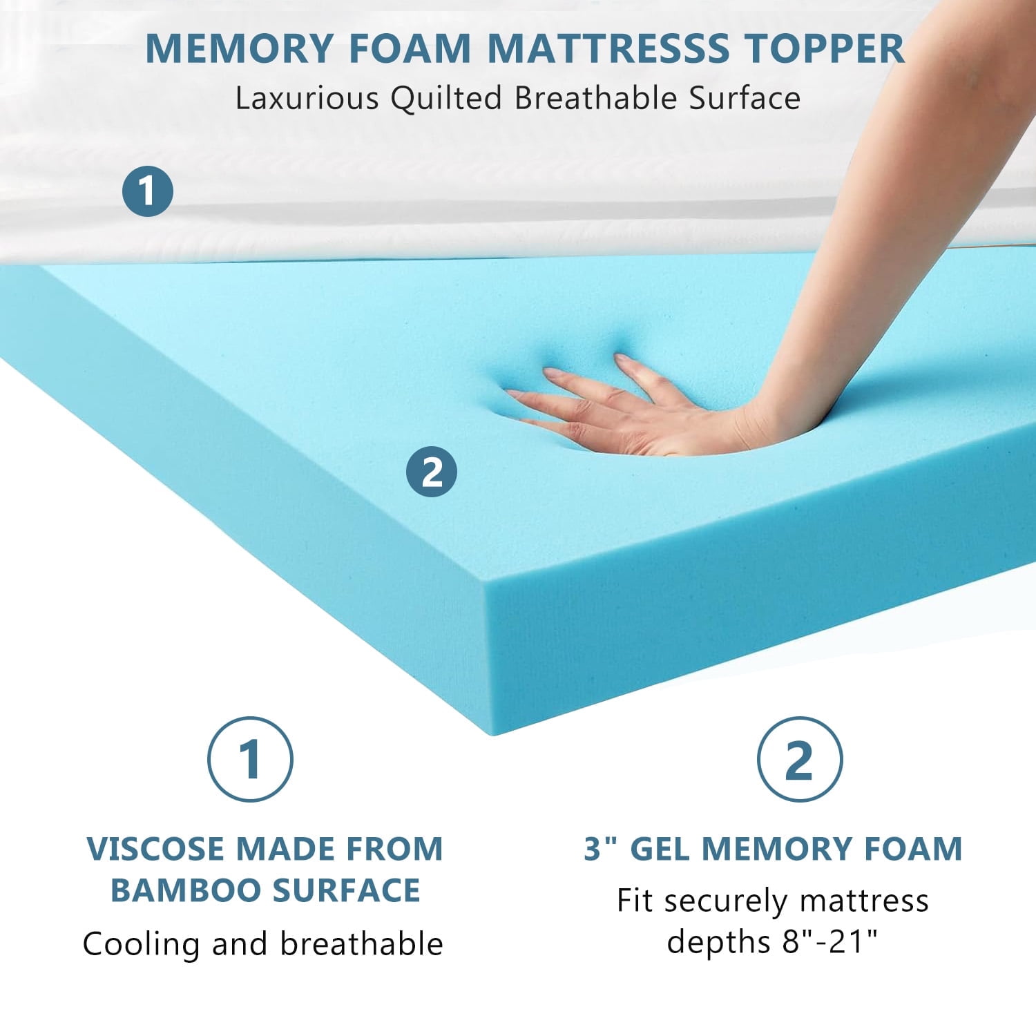 3 Inch Queen Mattress Topper With Cover, Foam Mattress Topper for Back Pain, Gel Infused Mattress Pad (60"×80")