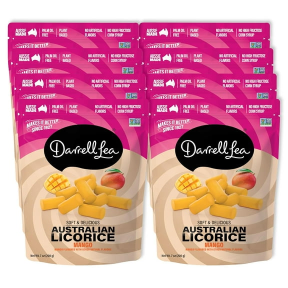 Darrell Lea Soft Australian Licorice, Non-GMO, No Palm Oil, Plant Based, No High Fructose Corn Syrup, Soft & Chewy, Made in Australia, Mango, 7 OZ (Pack of 8)
