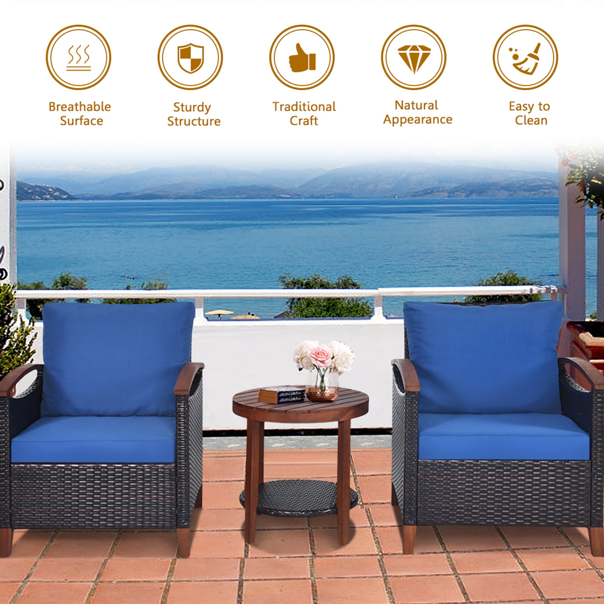 Gymax 3PCS Patio Wicker Rattan Conversation Set Outdoor Furniture Set w/ Cushion