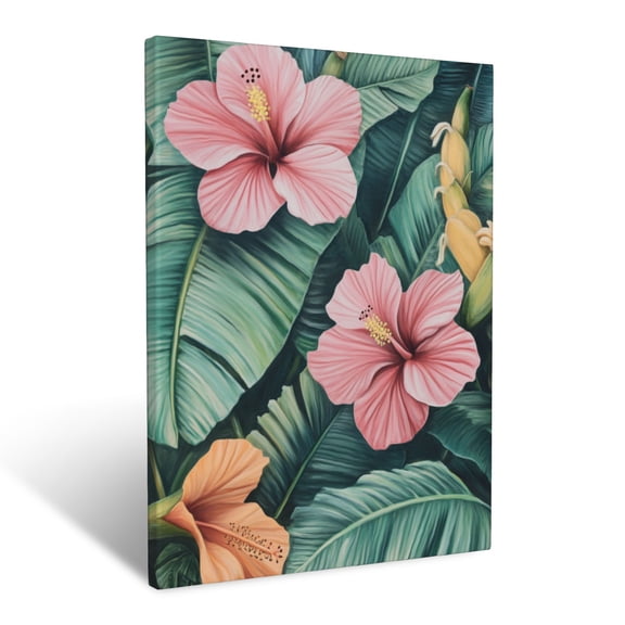 CozyNet Lush Tropical Scene With Hibiscus Flowers And Large Banana Leaves Wall Art Prints With Frame Canvas Perfect for Living Room & Bedroom, Ready to Hang, Wall Decor 12"x16"in