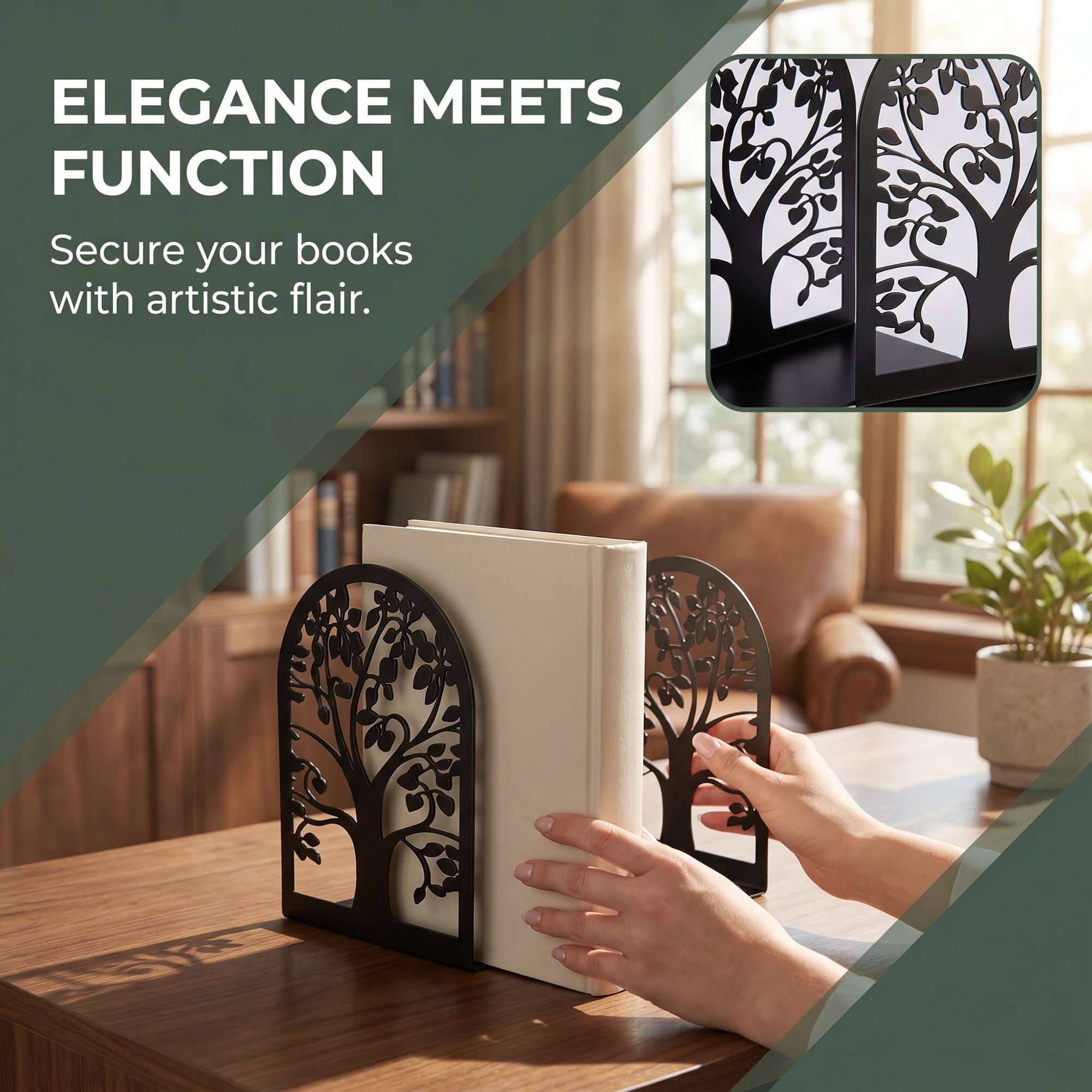 Unique Bargains Metal Tree Design Book Ends for Shelves Black Tree StyleE 4.7"x3.5"x7.1"