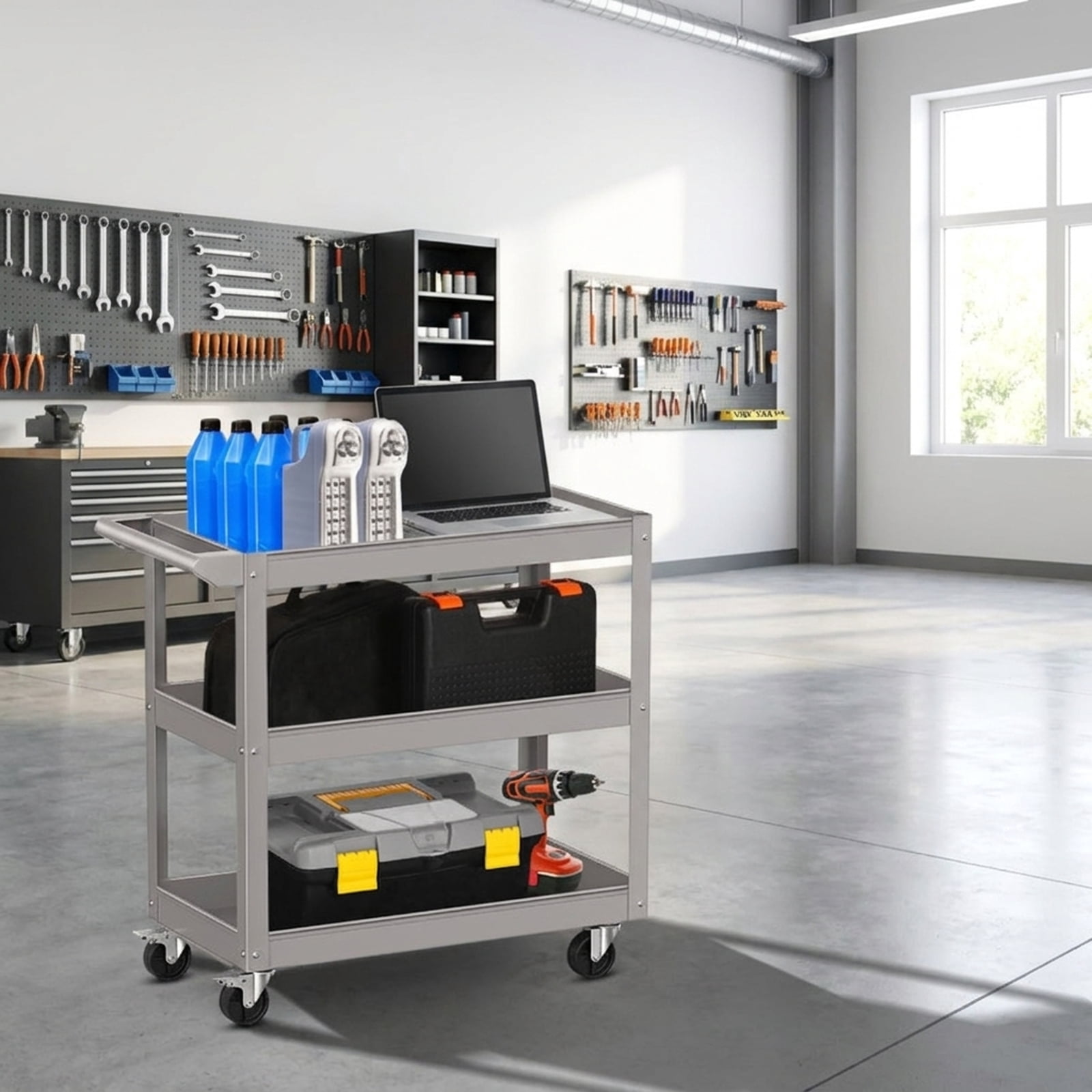 Biotree 3-Tier Metal Utility Cart Tool Trolley Flat Handle 2 Lockable Wheels 400 lbs - Gray