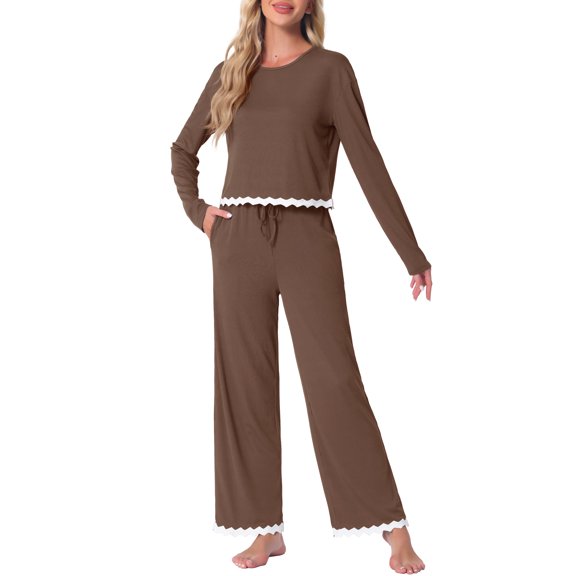 DARING DIVA Long Sleeve Crewneck Lounge Sets Contrast Color Trims S Brown