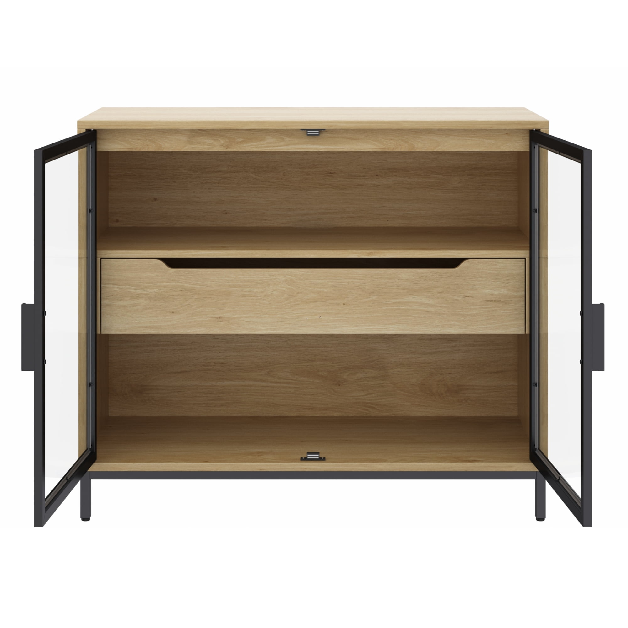 Nathan James Mackenna Metal and Glass Sideboard Accent Cabinet with Two Doors, Oak Credenza for Kitchen or Living Room