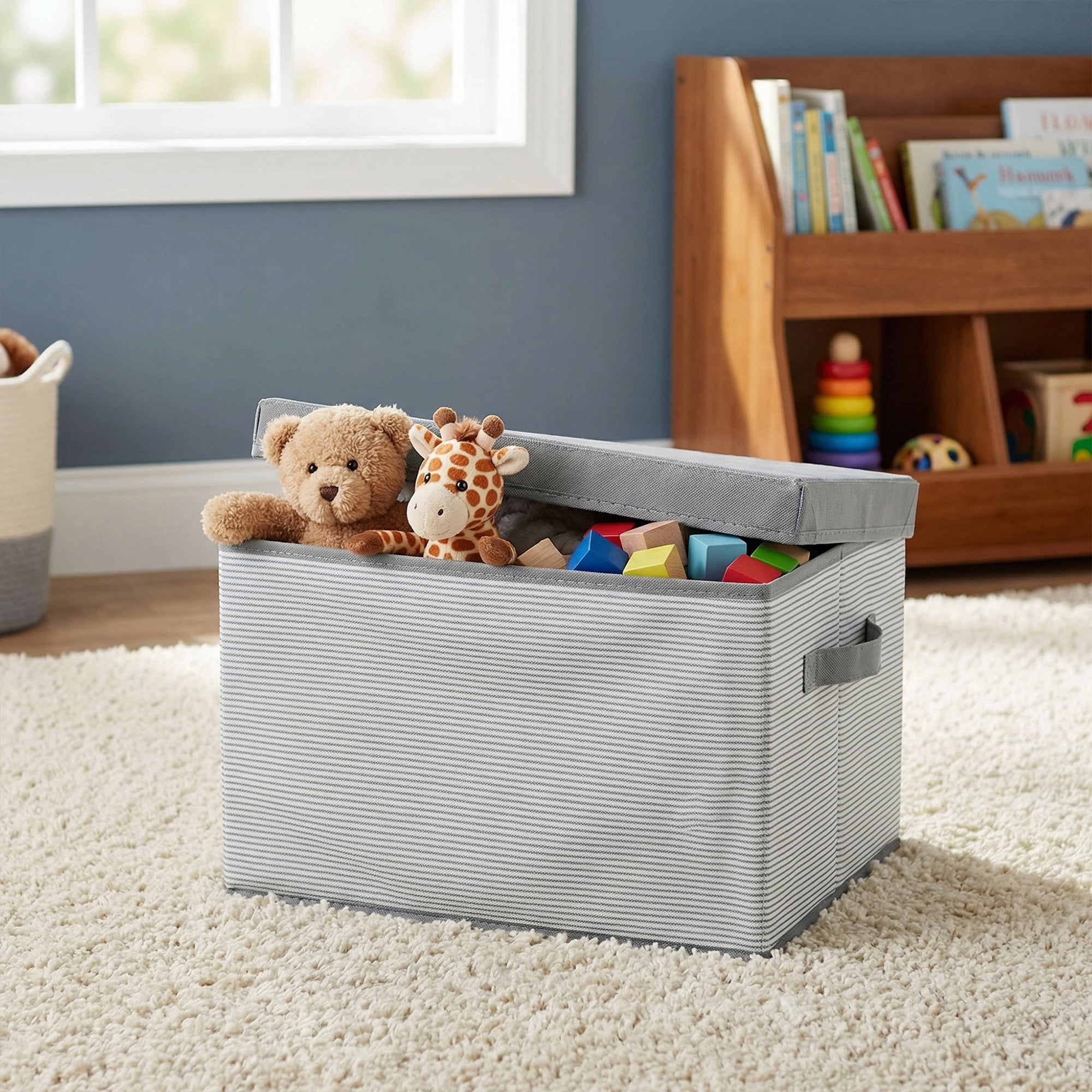 Unique Bargains Fabric Storage Bin with Handles and Lid Grey 15.7*11.8*9.8in