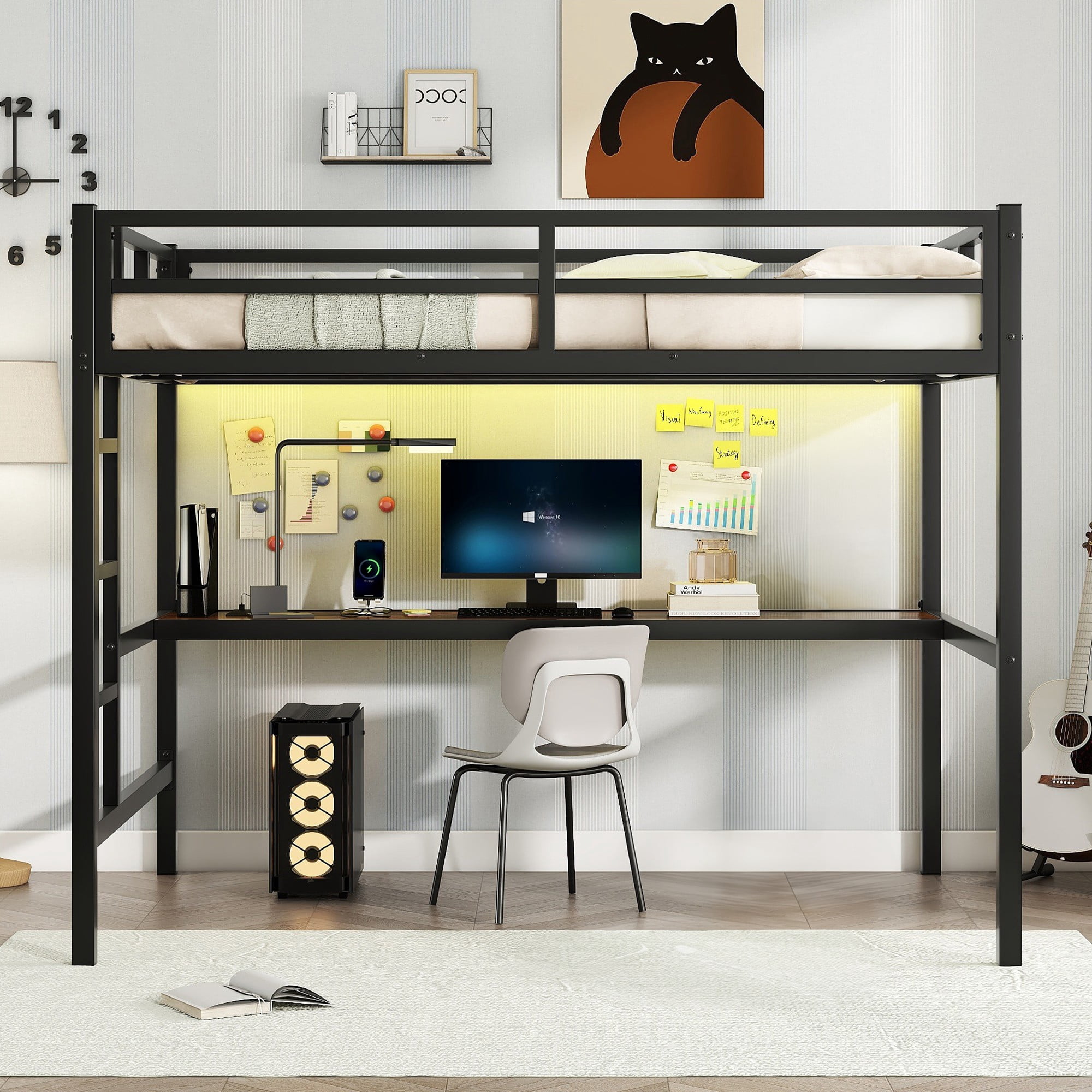 Aukfa Full Size Metal Loft Bed with Desk, Charging Station and LED Lights, Space-Saving, Heavy Duty, Black