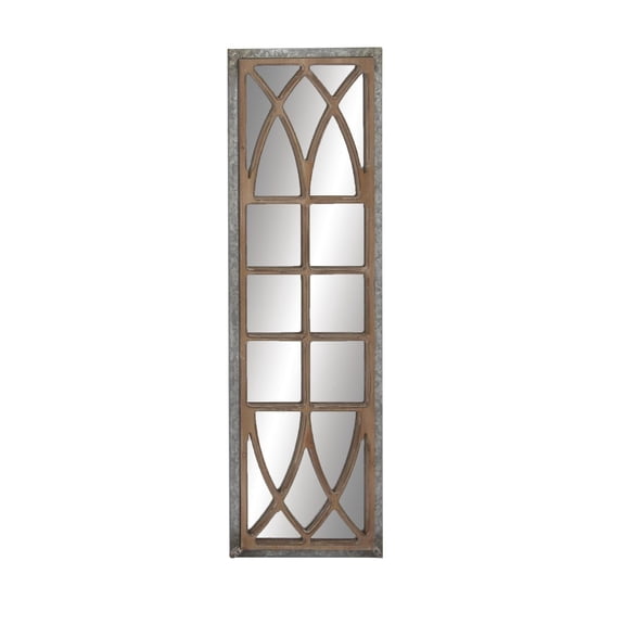 DecMode 15" x 52" Brown Window Pane Inspired Panel Geometric Wall Mirror with Galvanized Metal Frame