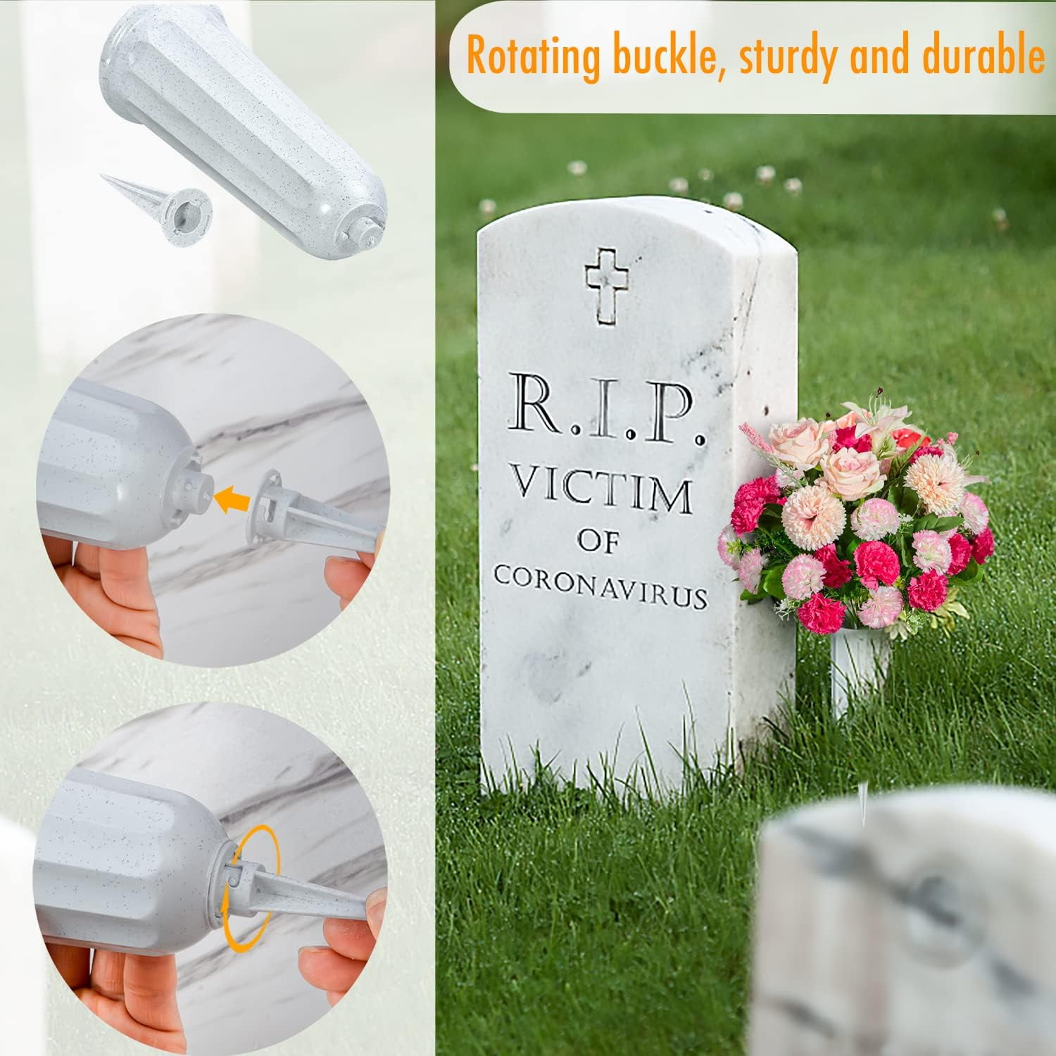Cemetery Flowers, Set of 2 Artificial Carnation Bouquet Grave Memorial Flowers with Vase for Cemetery Headstones Decoration (Carnation)