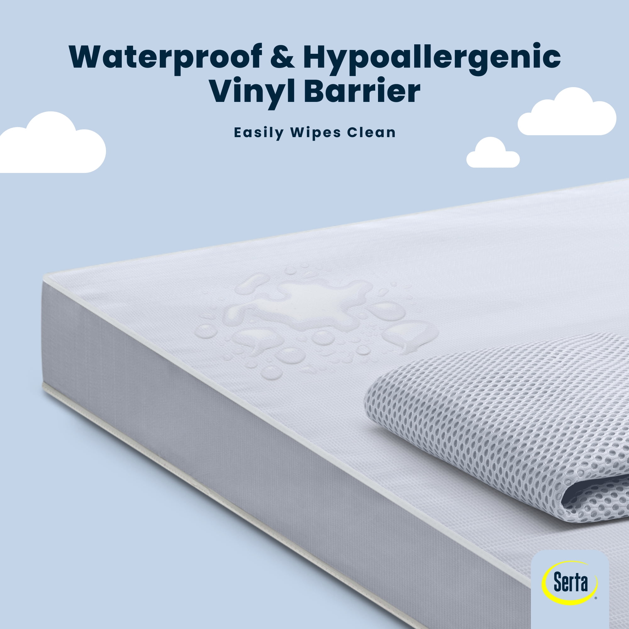 Serta SleepTrue Sparkling Sky Breathable Baby Bed Crib Mattress and Toddler Mattress with Removable/Machine Washable Cover - GREENGUARD Gold – Waterproof - Sustainably Sourced Core Fiber Core, Blue