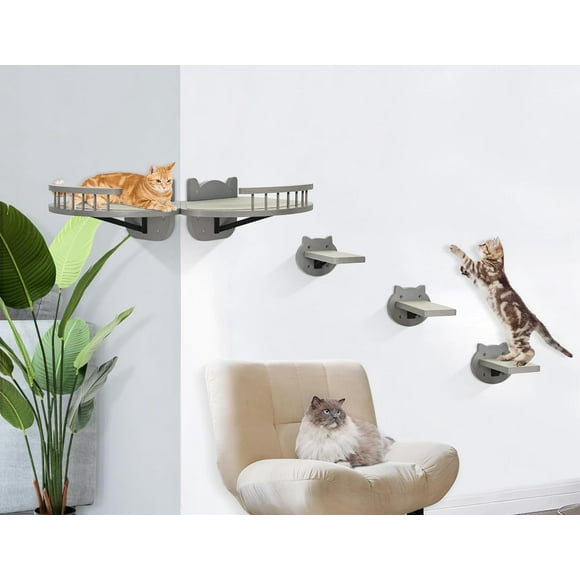 Cat Wall Shelves, Cat Shelves and Perches for Wall, Wood Cat Wall Furniture with 3 Cat Wall Steps Cat Scratch Post, Indoor Cat Climbing Shelf (Gray)