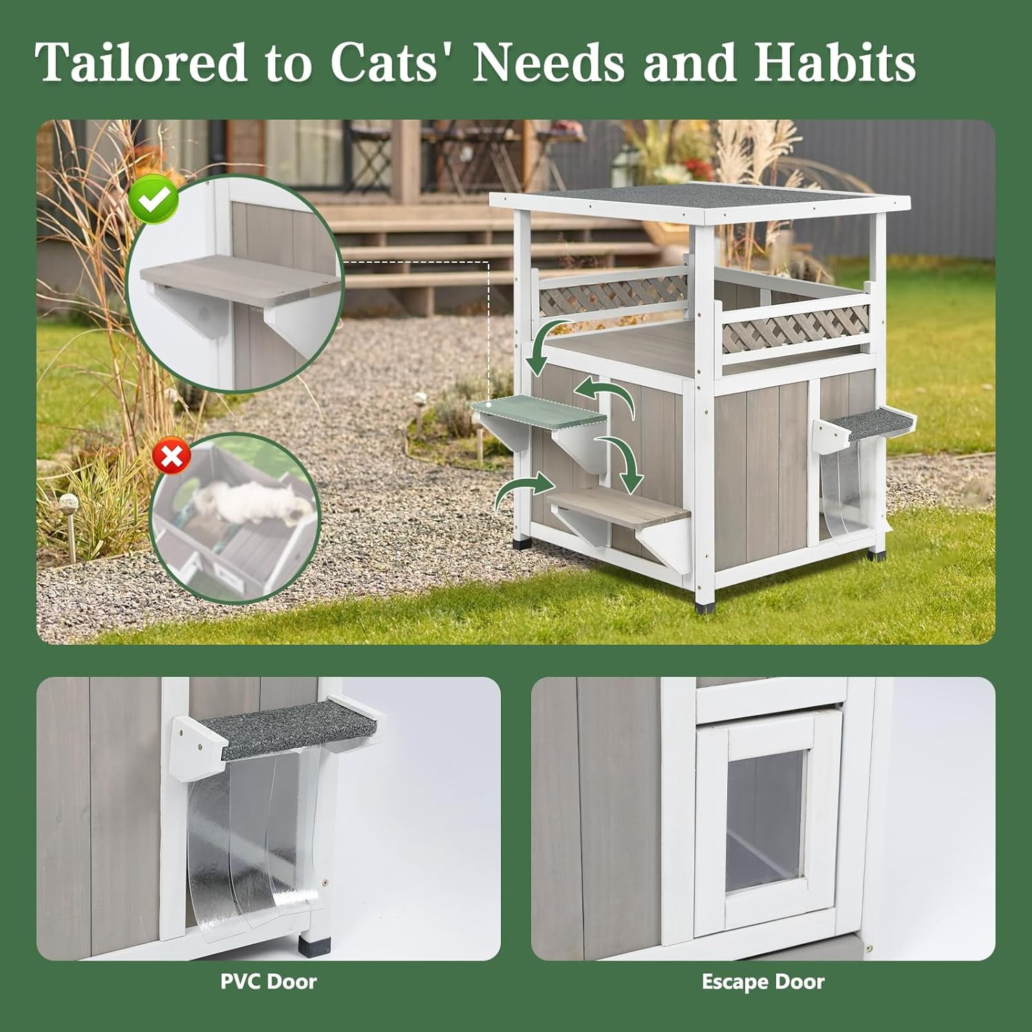 PETSCOSSET Outdoor Cat House 2 Story Wooden Houses for Outside Feral Cats