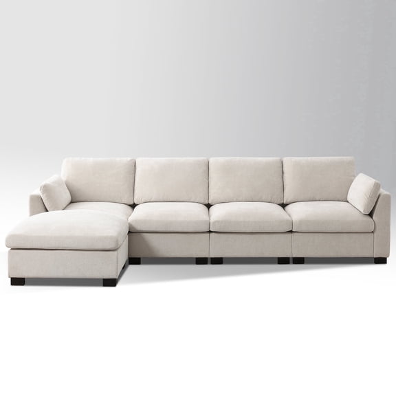 METIS WONG Office Sofa 130″ L-Shaped Modular Sectional in Beige Chenille with Side Storage, Folding Table & USB. 5-Seat Couch & Ottoman for Office/Reception/Commercial.