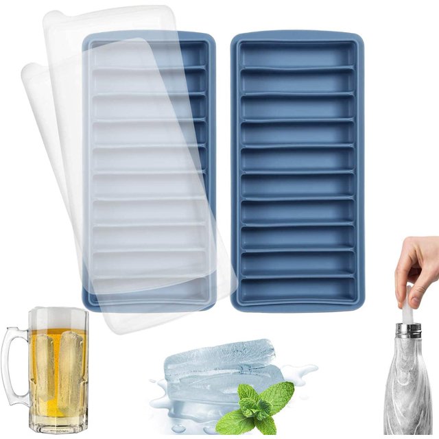 (Juego de 2, azul) Paquete de 2 bandejas de silicona para cubitos de hielo, fácil liberación, apilables con tapa, 10 cavidades, ideal para deportes y botellas de agua
