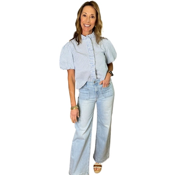 Women's Beau Blue Striped Ruffle Short Bubble Sleeve Shirt for Summer | [ZhiHiMeRi] | (US 12-14)L