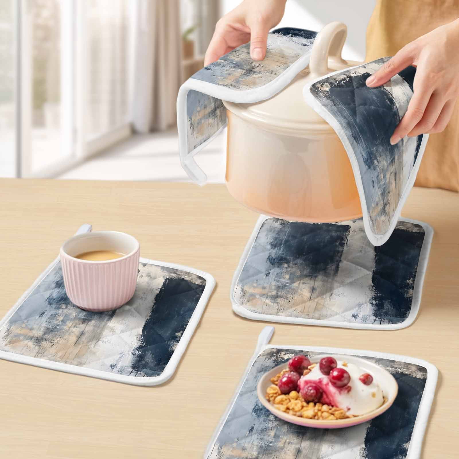 Navy Blue Grey Pot Holders for Kitchen Heatproof Potholder, 3 Pack Modern Abstract Art Rustic Hot Pads Multipurpose Oven Pads Cloth Potholders Trivet for Cooking Baking
