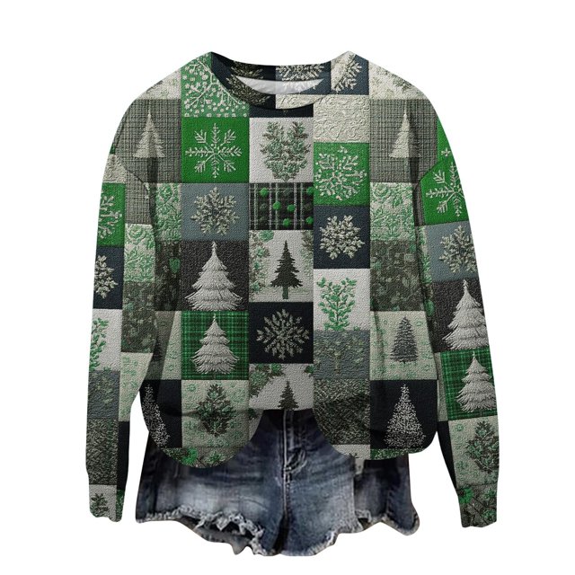 Chandails en Molleton de Noël pour Femmes Grande Taille Col Rond Imprimé Père Noël Manches Longues Vêtements d'Automne Amusants Mode Hiver
