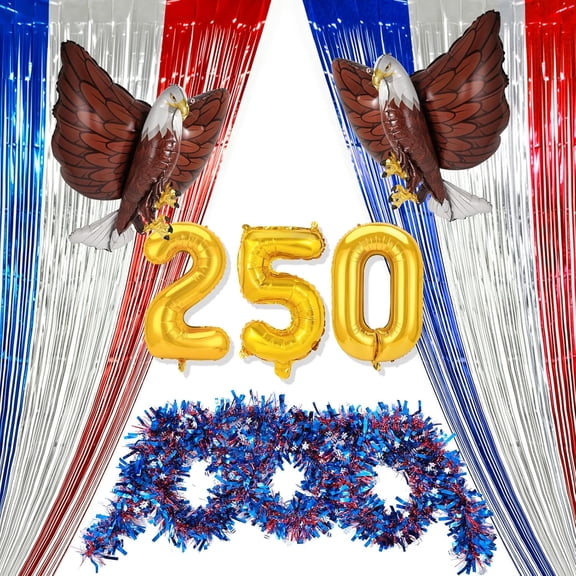 4th of July 250 Years of Freedom Decorations Set, USA Foil Balloons America Eagle Foil Balloons Red White Blur Foil Curtain for USA 1776-2026 Anniversary Independence Day Patriotic Decorations