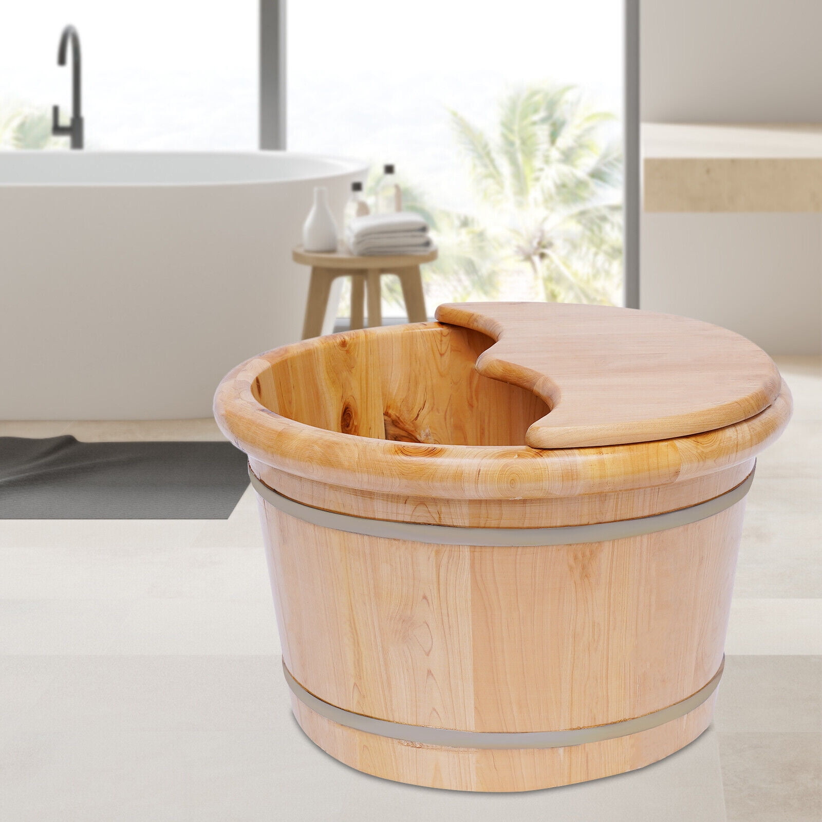 Natural Wooden Foot Bath Bucket Soaking Foot Tub Sauna with Massager Roller+Lid 30 Min Keep Warm