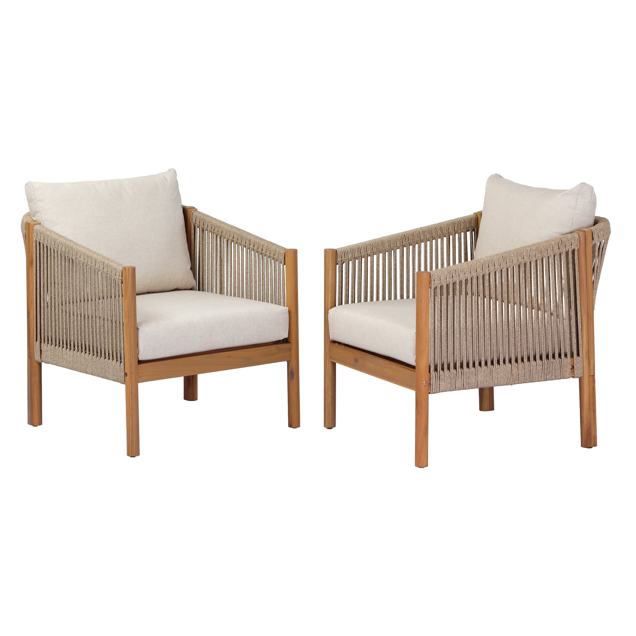 Christopher Knight Home Outdoor Acacia Wood Club Chair with Rope Back, Thick Beige Cushion, Light Teak, Set of 2