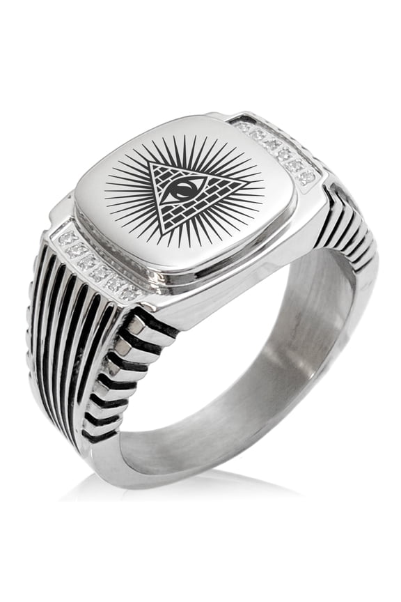 Stainless Steel All Seeing Eye of Providence CZ Ribbed Needle Stripe Pattern Biker Style Polished Ring