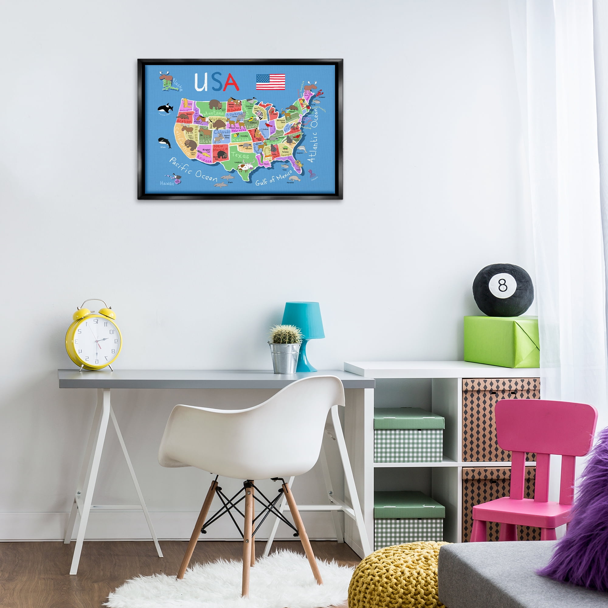 Stupell Industries United States Animal Map Town & City Painting Black Floater Framed Art Print Wall Art, 31 x 21