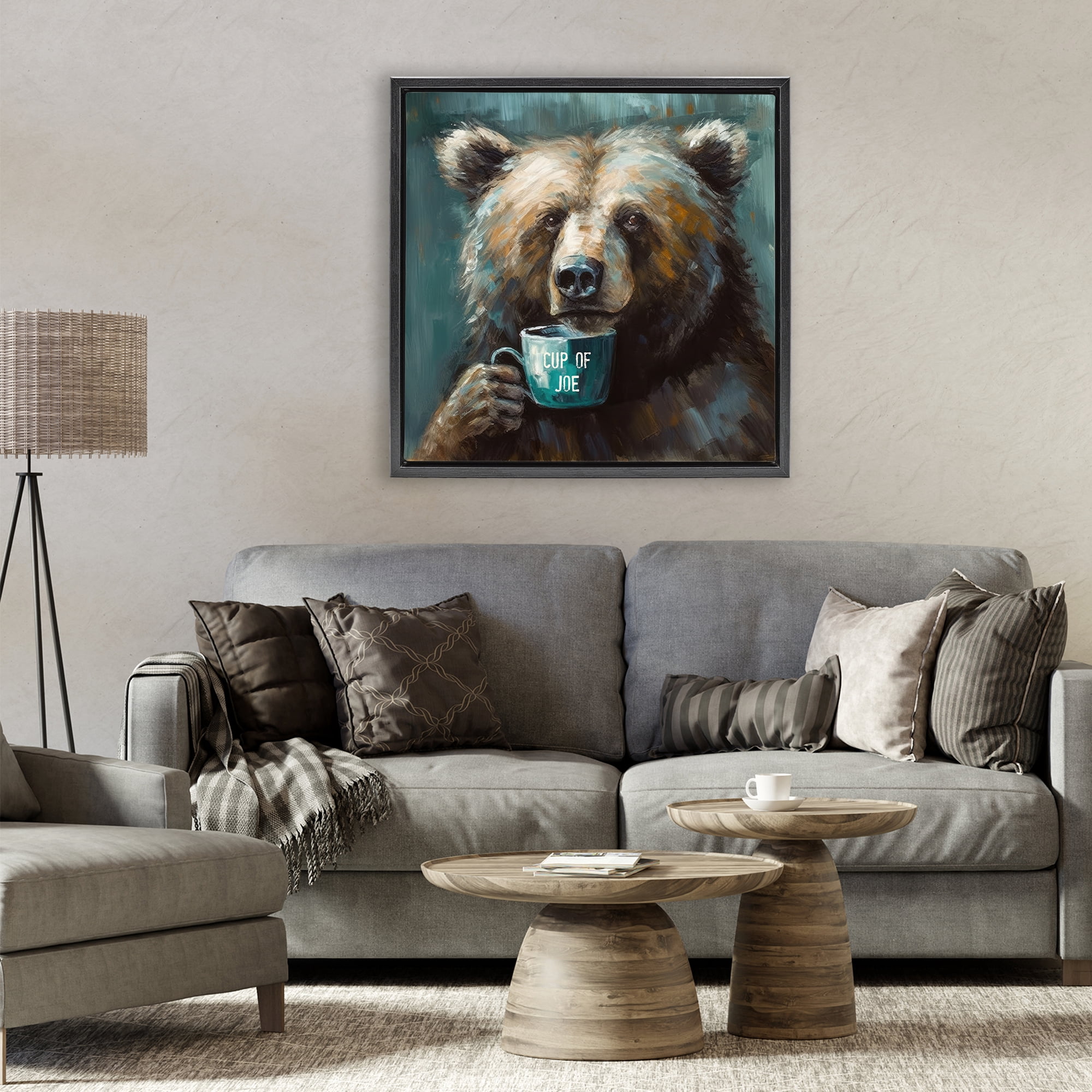 Stupell Industries Bear with Cup Of Joe Black Framed Floater Canvas Wall Art, design by Tina LeCour