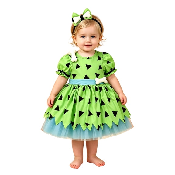 Rggeeun Halloween Girls Casual Ruffle Dress & Bow Hairband Pleated Graphic Matching Sets Travel Party Stylish,Green,6-12 Months