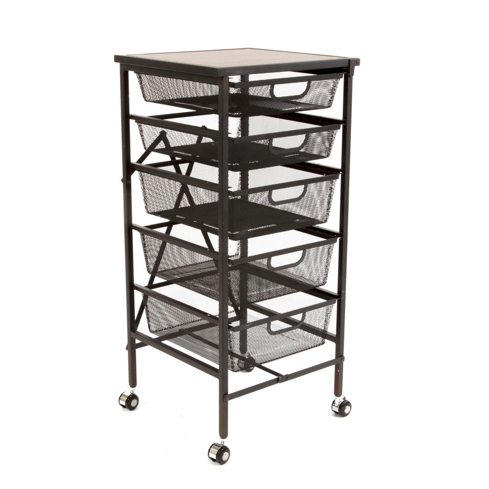 Origami Wheeled Foldable 5 Steel Drawer Storage Caddy Cart w/ Wood Top