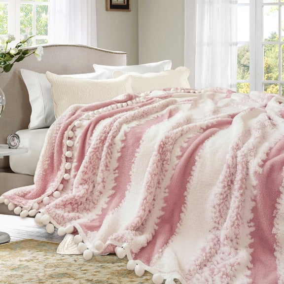 Soft Warm Fleece Bed Blanket Standard Size,Boho Plush Couch Blanket,Lightweight Throw Blanket for Sofa with Pompom Ball Fringe,Fuzzy Multicolored Nap Blankets for Bedroom Living Room Office Camping