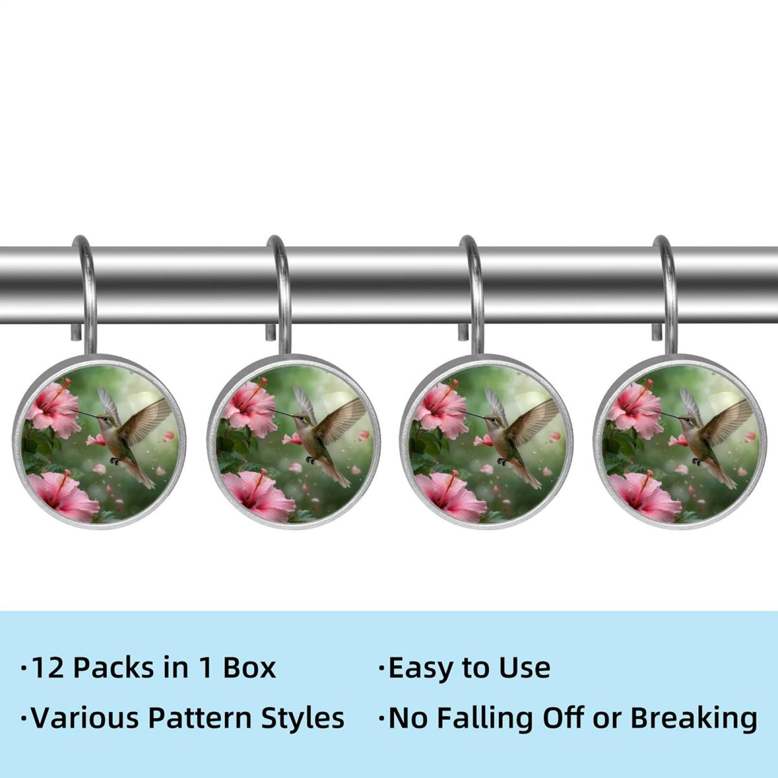 Imobaby 12 Pcs Metal Shower Curtain Hooks Rust Proof for Shower Curtain Liner - Pink Lily Hummingbird