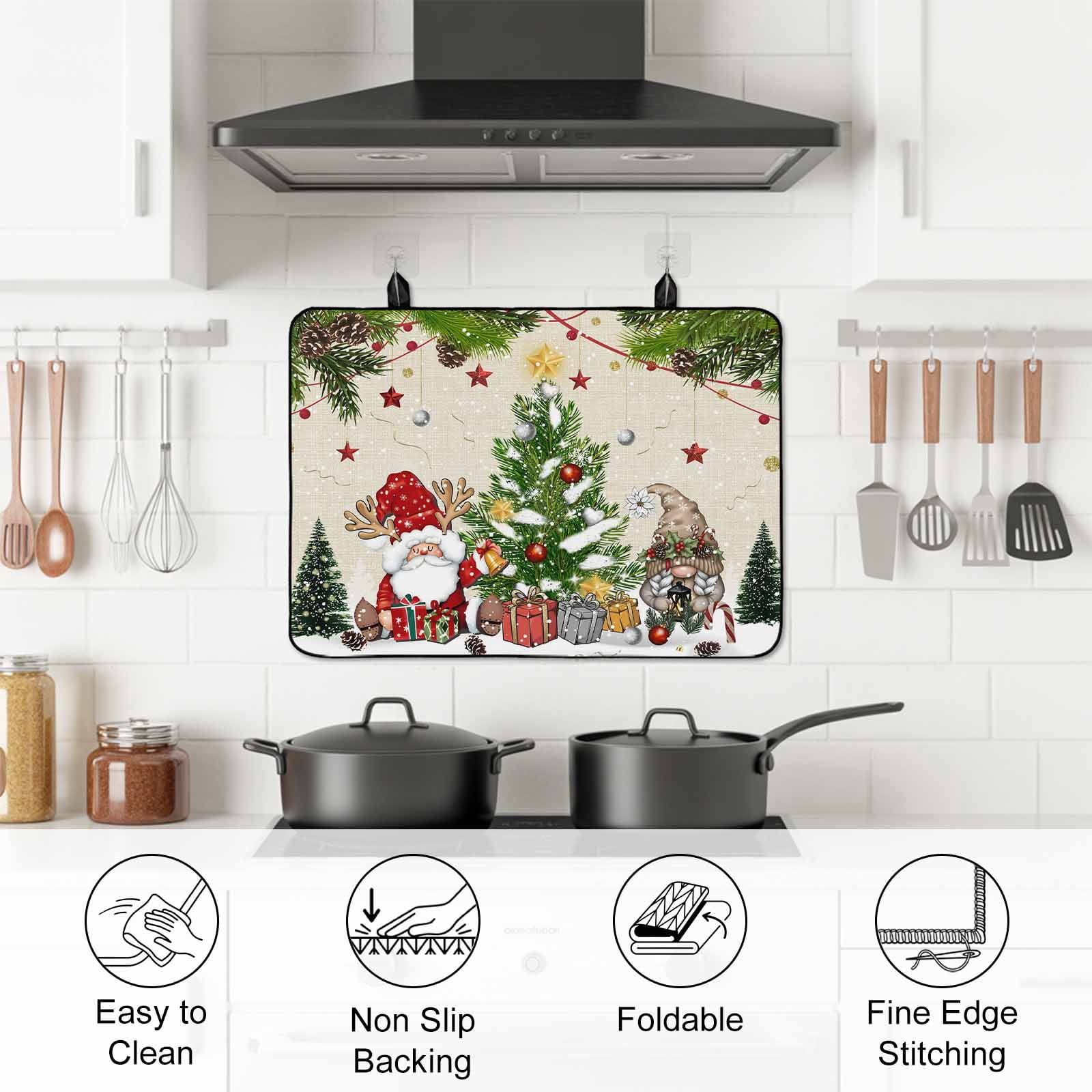 Beige Christmas Stove Top Cover for Electric Stove, Heat-proof & Non Slip Glass Top Stove Cover Protector, Gnomes Xmas Tree Snowflake Winter Gifts Rustic Kitchen Flat Cooktop Rubber Mat 24x21 Inches