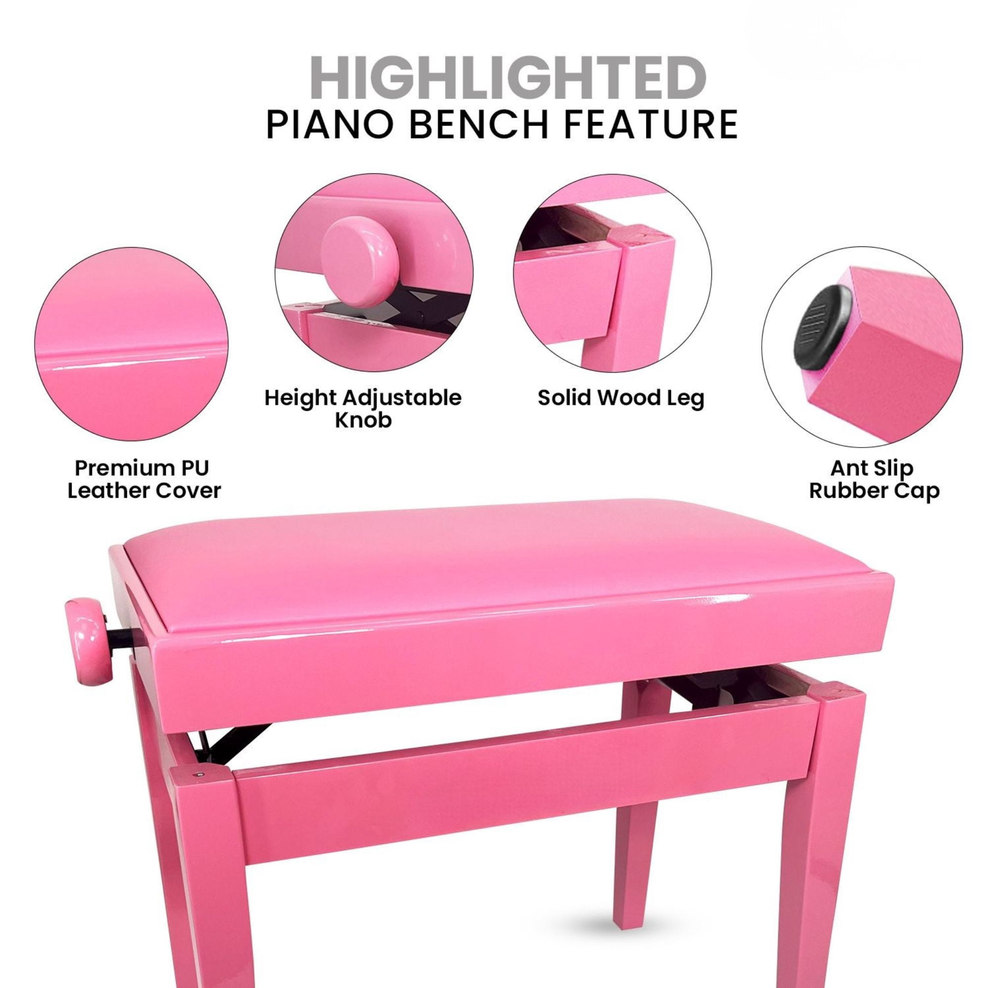 Adjustable Piano Bench - Padded Solid Wood Keyboard Stool (18"-22") - Pink