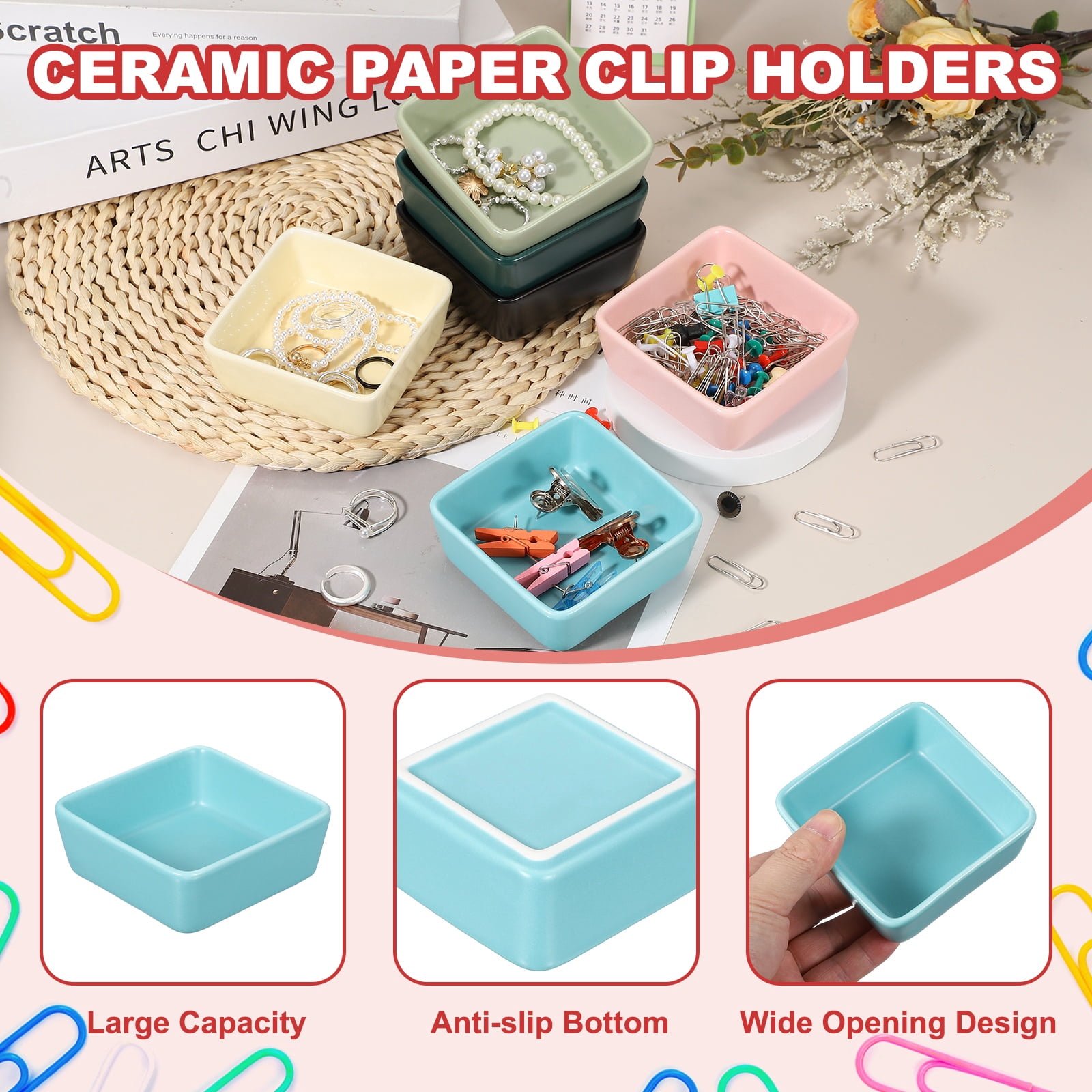 Uxcell Square Paper Clip Holders, 2 Pcs Ceramic Clip Dispenser Organizer Desk Organizer Accessories for Office Desktop Decor Bobby Pin Binder Paper Clamp, Light Blue