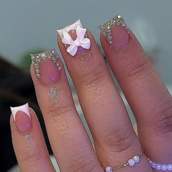 RAGUPEL Square Press on Nails Short Fake Nails White French Tip with 3D Bow Design Glue on Nails Glossy Acrylic Rhinestone Nails Full Cover Stick on Nails Artificial Nails for Women Manicure 24 Pcs