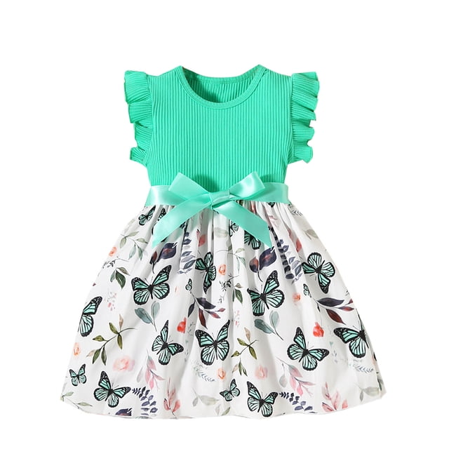 Odeerbi Niñas Algodón Rib Knit Floral Vestidos Verano Ruffle Manga Arco Princesa Vestido Niños Impreso Sin Mangas Cuello Redondo Rodilla Vestido