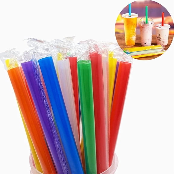 GIXUSIL 100 Boba Straws, Multi Colors Jumbo Smoothie Boba Straws,Colorful Disposable Plastic Drinking Straws Individually Wrapped, Assorted Colors(0.43" Wide X 9.45" Long)