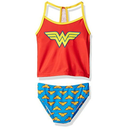 Warner Bros. Big Girls' Wonder Woman Costume Swimsuit, Candy, 4