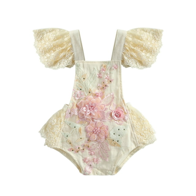 ITFABS Girl Crochet Lace Romper, Loose Fly Sleeve Square Collar Tie-up Playsuit
