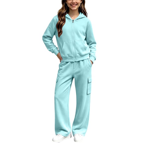 Mnyotv Girls Sweatsuit 2Pcs Sets Hoodie Zip Sweatshirts Top and Sweatpant with Pockets Athletic Outfits Size 7-8 Years